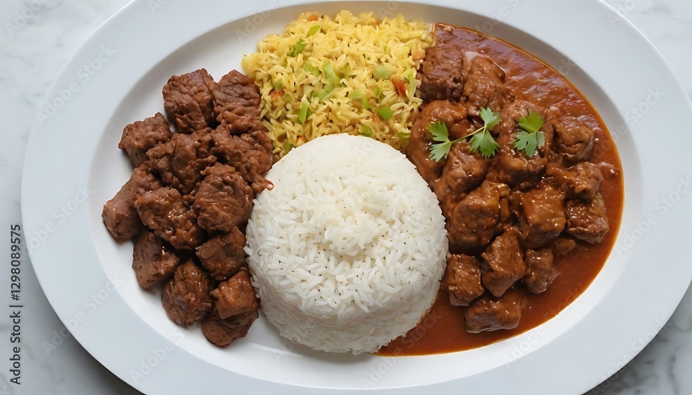 plain rice with beef chunks, with rendang sauce on top, on top of a white plate. long shot angle camera.plate, meal, delicious, food, lunch, meat, vegetable, cookery, sauce, beef, chicken, 76 plain rice with beef chunks, with rendang sauce on top, on top of a white plate. long shot angle camera.plate, meal, delicious, food, lunch, meat, vegetable, cookery, sauce, beef, chicken, 76
