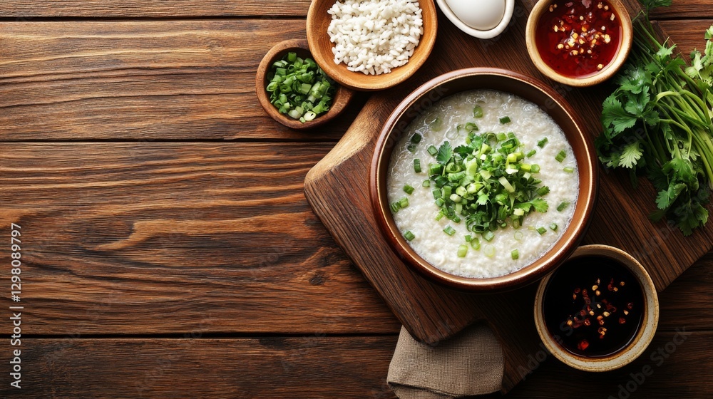 A rustic wooden table with a bowl of steamed egg custard, garnished with chopped spring onions and coriander, accompanied by a side dish of chili soy sauce. A rustic wooden table with a bowl of steamed egg custard, garnished with chopped spring onions and coriander, accompanied by a side dish of chili soy sauce.