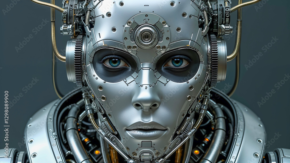 Fototapeta premium Intricate Mechanical Humanoid Robot Digital Artwork with Metallic Face Components