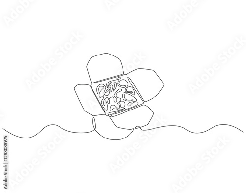 Continuous line drawing of noodle in paper box. Single line illustration of noodle in box. Takeaway food concept. Editable outline