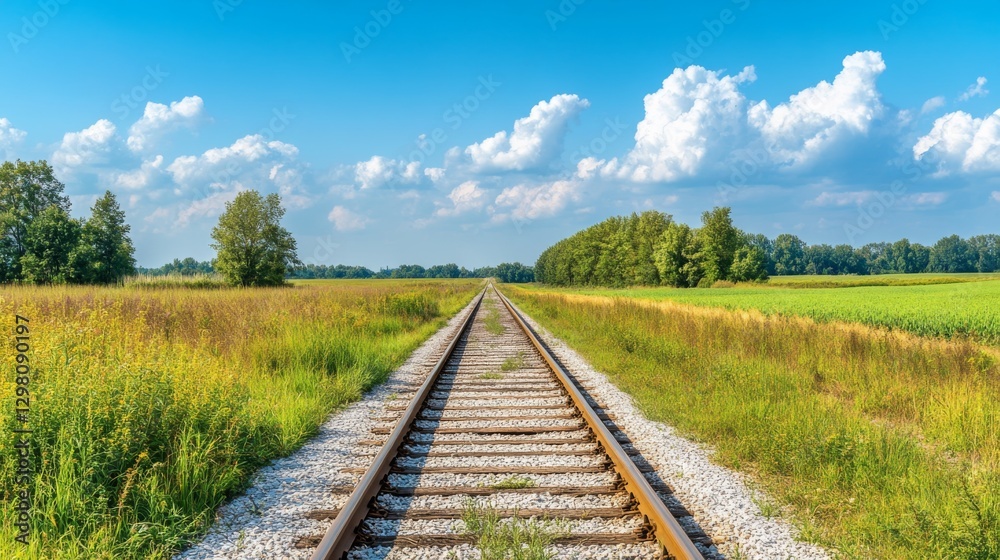 Fototapeta premium A serene view of a railway track stretching into the distance, framed by lush greenery and a clear blue sky, symbolizing journey and exploration.