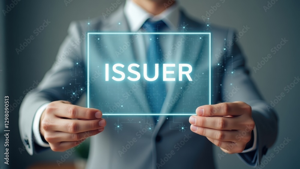 Issuer. Man in suit is holding sign that says issuer Issuer. Man in suit is holding sign that says issuer