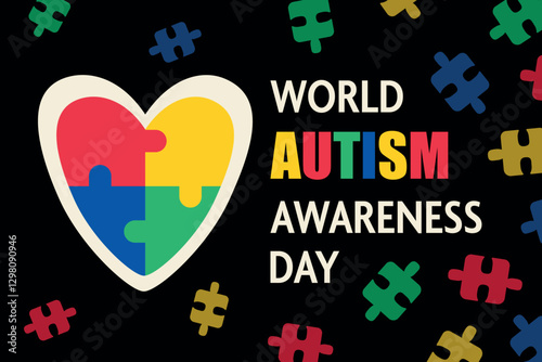 World autism awareness day banner. Colorful puzzle pieces, heart on a black background. Bright vector illustration