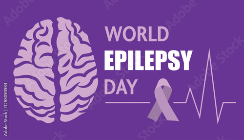 World Epilepsy Day banner. Brain, violet ribbon on a plain background.