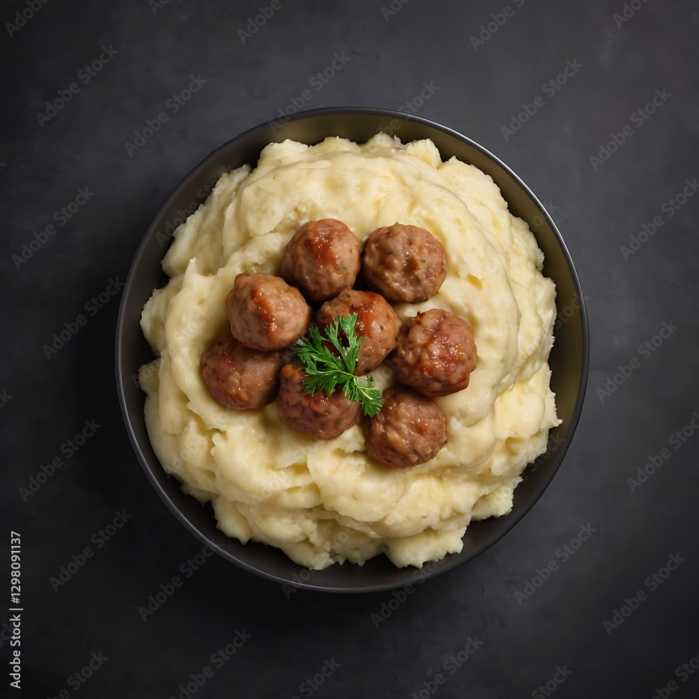 Photorealistic image of a pile of mashed potatoes with meatballs on it. This image is minimalistic and has dark grey background.lunch, meat, vegetable, cookery, plate, potato, chicken, dish, 73 Photorealistic image of a pile of mashed potatoes with meatballs on it. This image is minimalistic and has dark grey background.lunch, meat, vegetable, cookery, plate, potato, chicken, dish, 73
