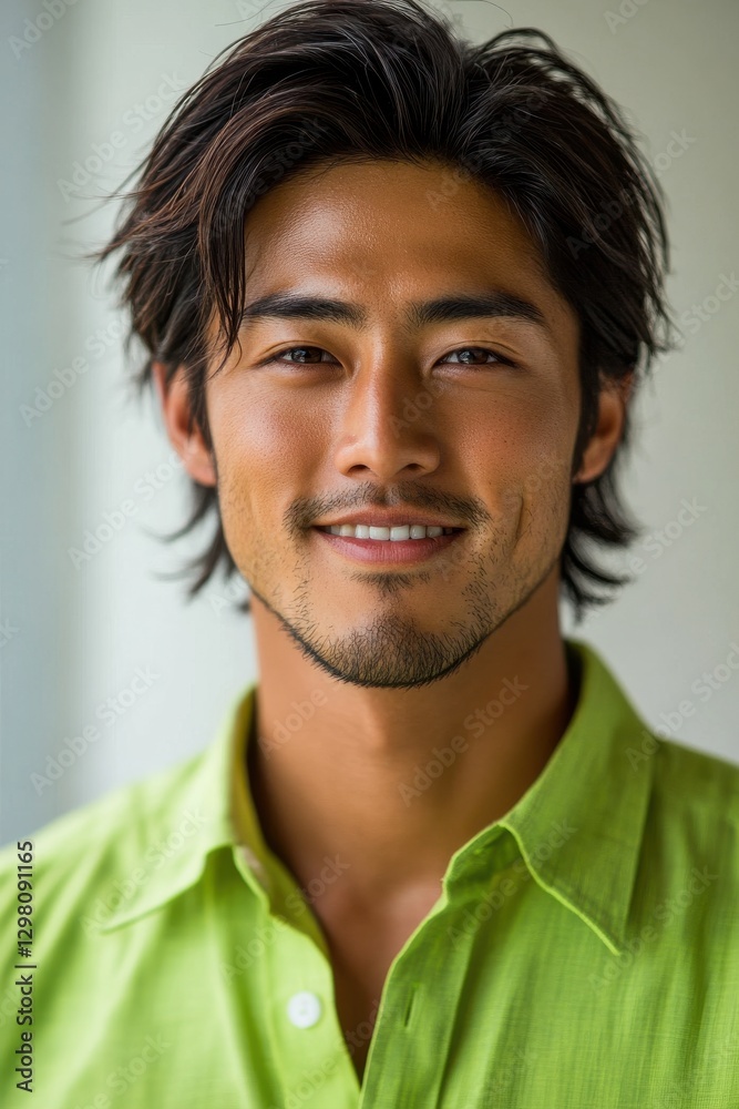 Close-up portrait of a cheerful young man in a green shirt Close-up portrait of a cheerful young man in a green shirt