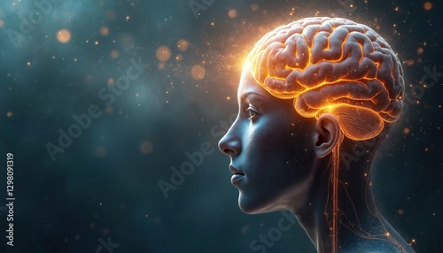 Side view of woman with glowing brain. It represents mind work, subconscious, brain connection. Therapy, hypnosis, NLP, positive self talk concepts. Power of thought, mindfulness, achieving abundance.