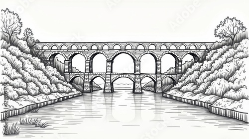 Vintage Line Drawing of the Pont du Gard