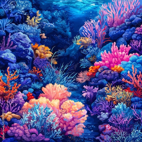 Vibrant underwater scene with colorful coral reef and diverse marine life in a crystal clear ocean environment