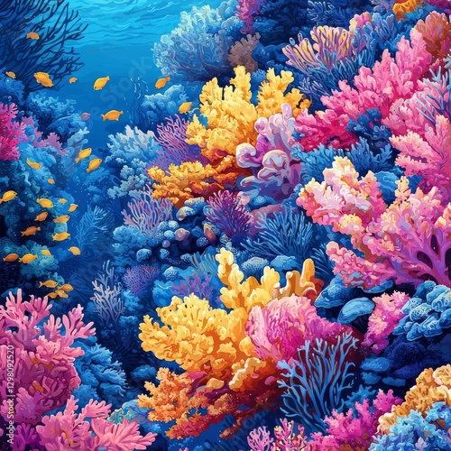 Vibrant underwater coral reef ecosystem with colorful fish swimming amidst lush marine life and corals