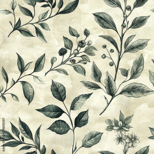 Elegant botanical pattern featuring lush greenery and delicate flowers on a subtle textured background