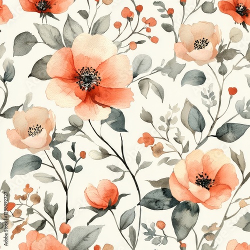 Elegant watercolor floral pattern featuring soft peach and cream flowers with delicate green leaves and berries