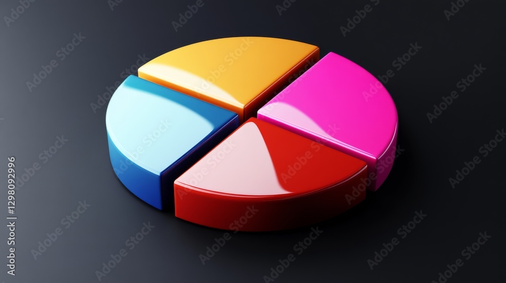 Obraz premium A vibrant D pie chart displaying different market shares, with glossy segments in various colors, set against a sleek dark background for a modern look.