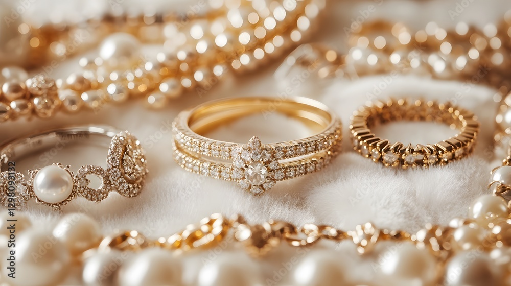 30. A collection of gold jewelry, including rings and bracelets, arranged on a plush velvet surface 30. A collection of gold jewelry, including rings and bracelets, arranged on a plush velvet surface