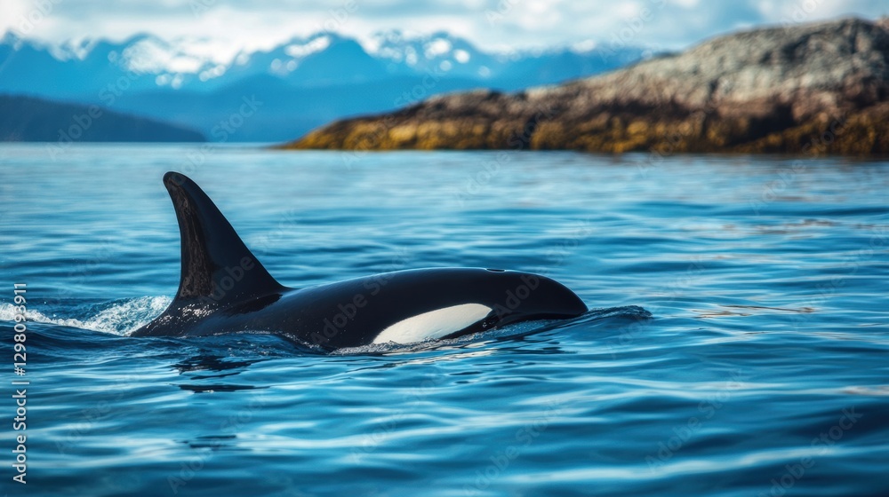 Fototapeta premium Orca swimming near rocky shore under blue sky and mountains