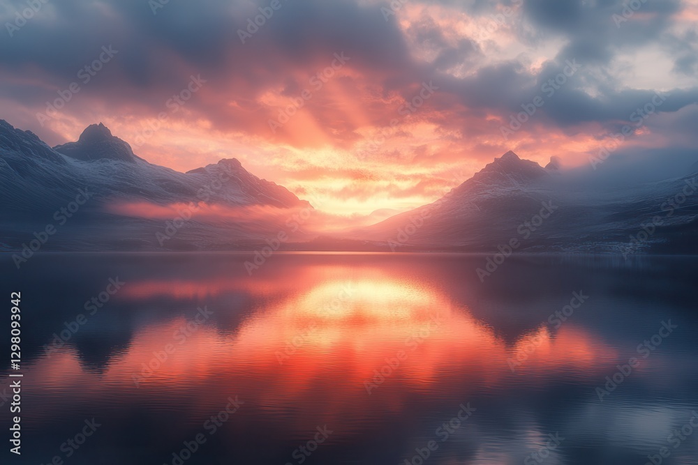 Fototapeta premium Stunning Sunrise Over Serene Mountain Lake with Dramatic Clouds and Reflections Creating a Tranquil and Majestic Natural Landscape Scene
