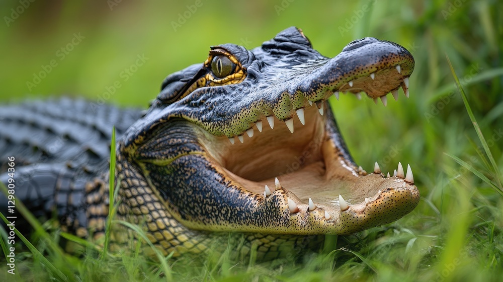 Fototapeta premium An alligator basks in vibrant green grass, its formidable jaw agape to display razor-sharp teeth, set against nature's lush backdrop