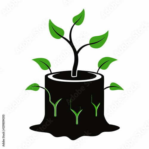 Tree Stump with New Green Sprouts - Symbol of Regrowth and Sustainability Vector

