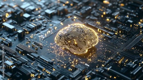 Abstract Digital Brain Circuitry Glowing Golden Lines Technology Neural Network Artificial Intelligence Futuristic Concept        