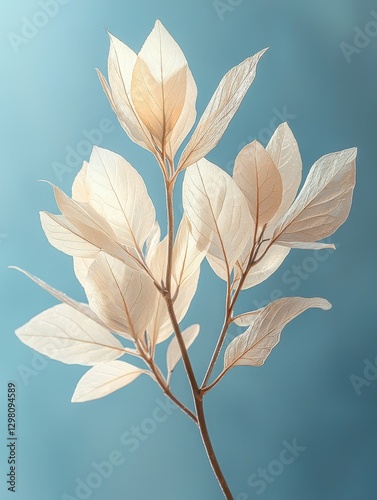 Delicate natural beauty of ethereal white leaves against a soft blue background creating a serene atmosphere