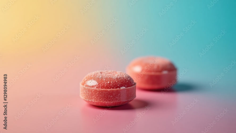 Nicotine Lozenge. Two candy balls are sitting on pink surface Nicotine Lozenge. Two candy balls are sitting on pink surface