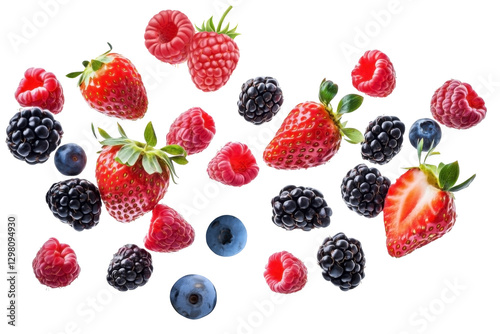 Flying berries fruit with strawberries, blackberries, raspberries, and blueberries, isolated background