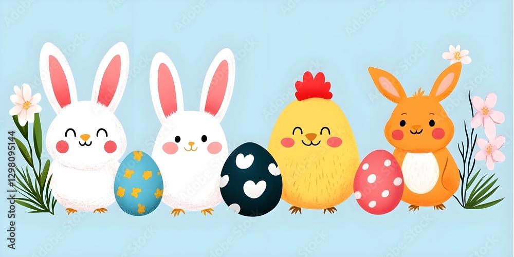 Obraz premium A group of cartoon animals, including two rabbits and a chicken