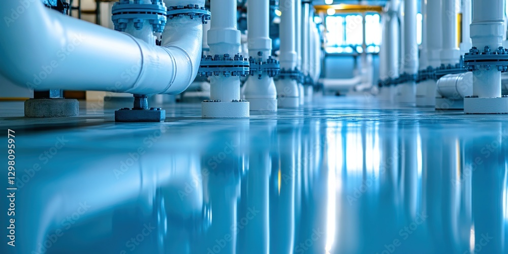 Reflective Floor and Industrial Piping System in a Modern Facility Reflective Floor and Industrial Piping System in a Modern Facility