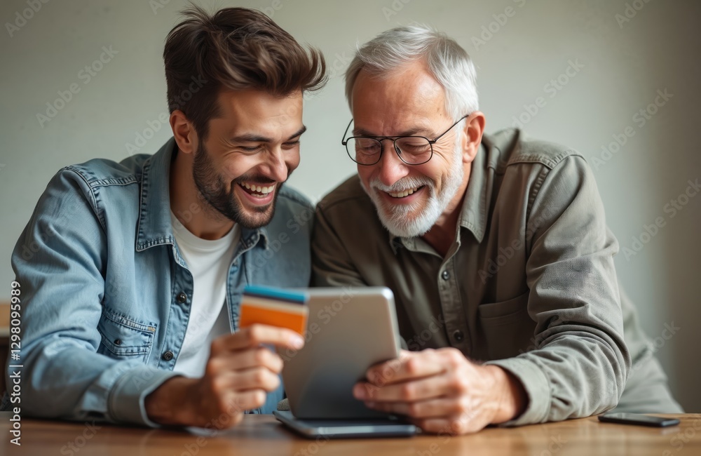 Teenager and senior man using tablet for online shopping with credit card. Grandfather and grandson happy buying goods, smiling. Family e-business, banking, digital payment, connection, home leisure. Teenager and senior man using tablet for online shopping with credit card. Grandfather and grandson happy buying goods, smiling. Family e-business, banking, digital payment, connection, home leisure.