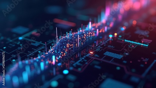 On Chain Data. Electronic circuit board is covered in many colorful lights