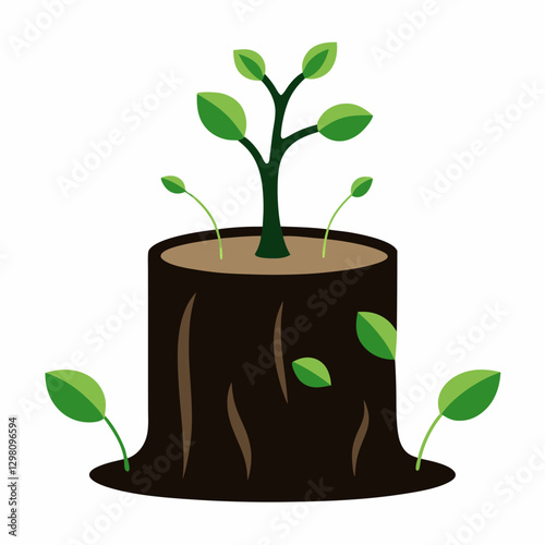 Tree Stump with New Green Sprouts – Regrowth and Sustainability Vector Illustration

