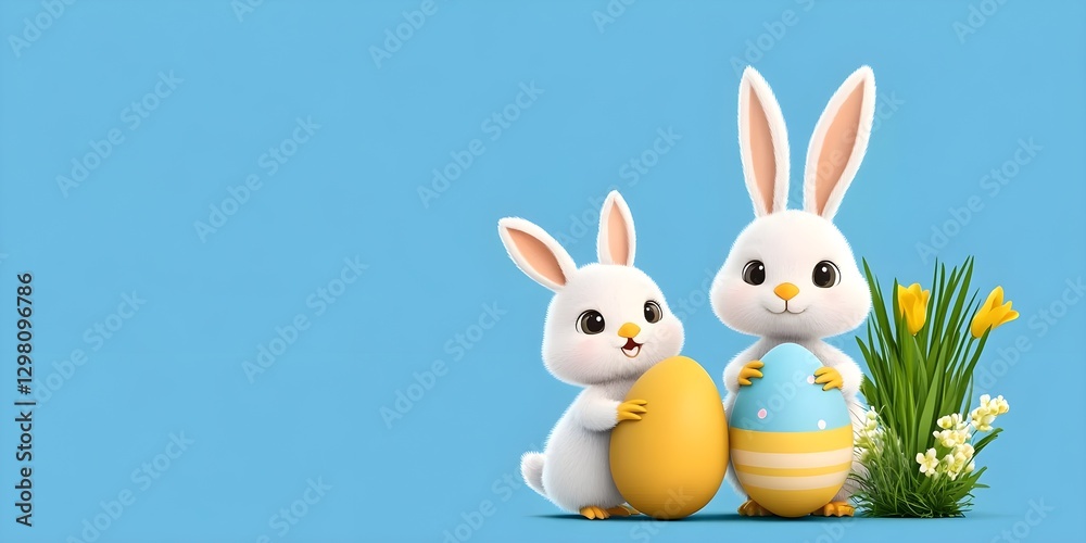 Obraz premium Two rabbits holding an Easter egg