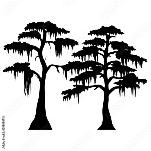 Black Silhouette of Cypress Trees with Hanging Moss - Vector Illustration

