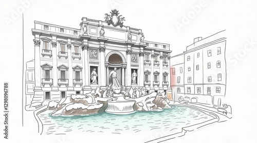 Hand-Drawn Line Sketch of the Trevi Fountain in Rome, Italy