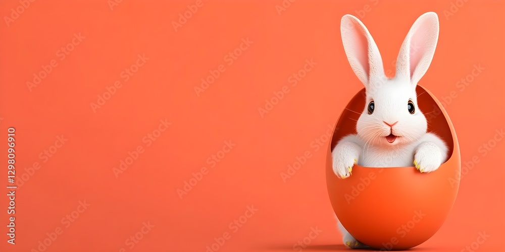 Fototapeta premium A white rabbit is sitting in an orange egg