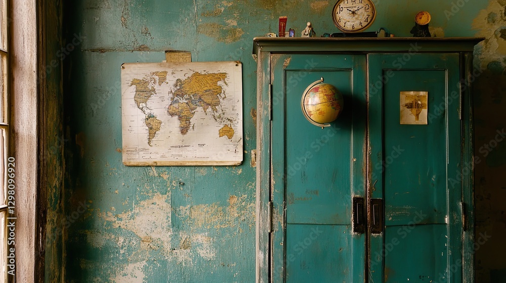 Naklejka premium Dusty classroom, world map, vintage cabinet