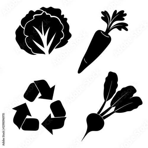 Black Silhouette Icons of Vegetables and Recycling Symbol - Vector Illustration

