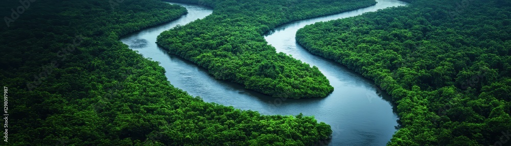 Fototapeta premium Aerial Perspective of a Winding River Cutting Through a Lush, Green Forest Canopy