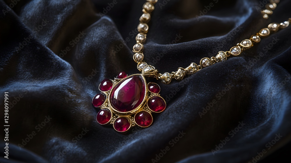 46. A stunning ruby necklace with gold accents, draped over a dark velvet cloth 46. A stunning ruby necklace with gold accents, draped over a dark velvet cloth