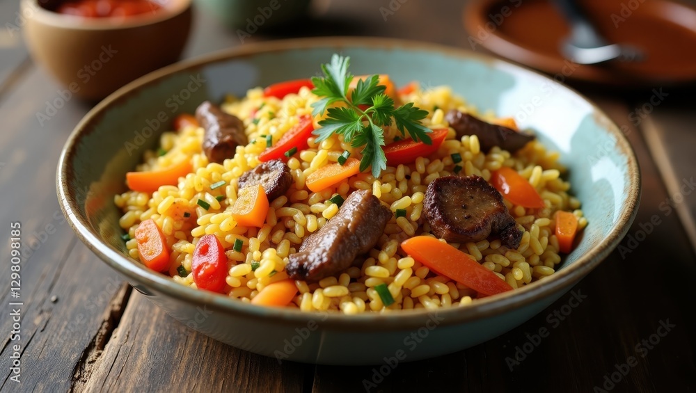 Pilaf. Bowl is full of rice and vegetables with meat and vegetables Pilaf. Bowl is full of rice and vegetables with meat and vegetables
