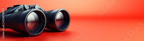 Black Binoculars Stand Ready for Adventure on a Vibrant Red Background, Promoting Exploration and Discovery