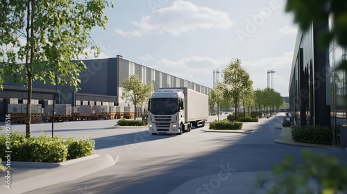 Modern White Semi Truck Arriving at Large Industrial Warehouse Building Exterior Sunny Day Logistics Transportation sky lot road  