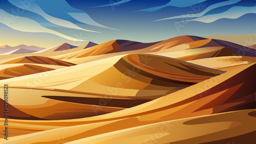 enduring allure of undulating sand dunes, capturing their elegant contours, interplay of illumination and darkness, and feeling of unspoiled, wind-swept