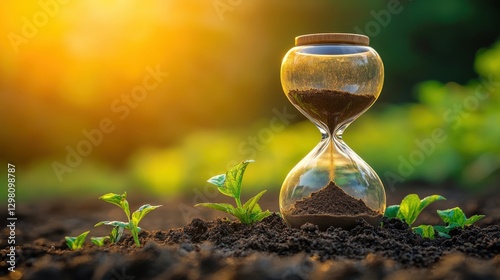 Hourglass Filled with Soil Surrounded by Young Green Plants