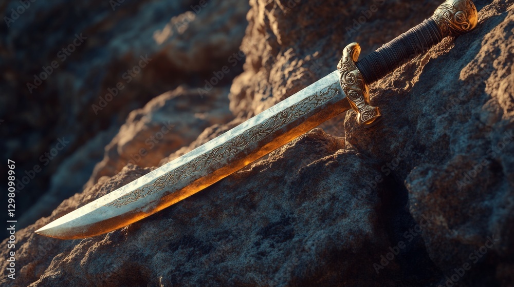 Naklejka premium Golden Sword on Ancient Rocks