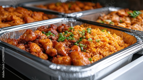 Buffet trays with fried chicken and rice