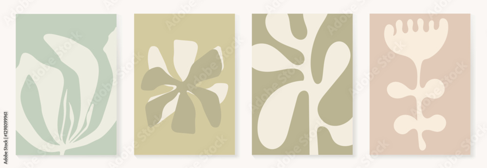 Fototapeta premium Set of abstract foliage poster vector. Leaves, flower, organic shapes, earth tone colors, leaf branch. Illustration design for Eco packaging, interior, cover, wall art, wallpaper.