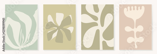 Set of abstract foliage poster vector. Leaves, flower, organic shapes, earth tone colors, leaf branch. Illustration design for Eco packaging, interior, cover, wall art, wallpaper.