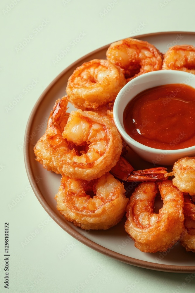 Crispy shrimp arranged beautifully on plate, served with tangy d Crispy shrimp arranged beautifully on plate, served with tangy d