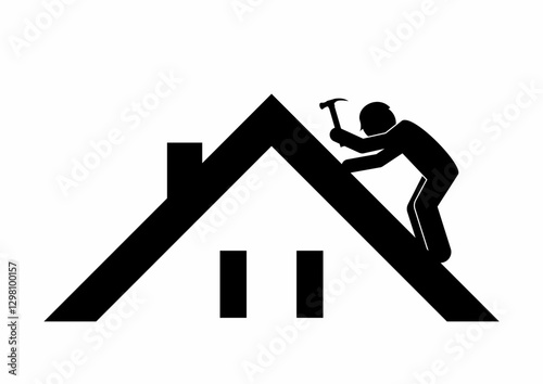 Roofer, worker on the roof with a hammer in his hand, black symbol, icon, vector